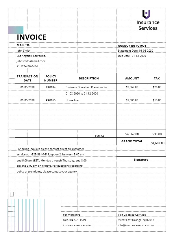 Insurance Agency Invoice Template PSD template